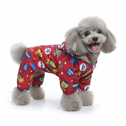 Red lion print dog raincoat worn by a dog on a white background