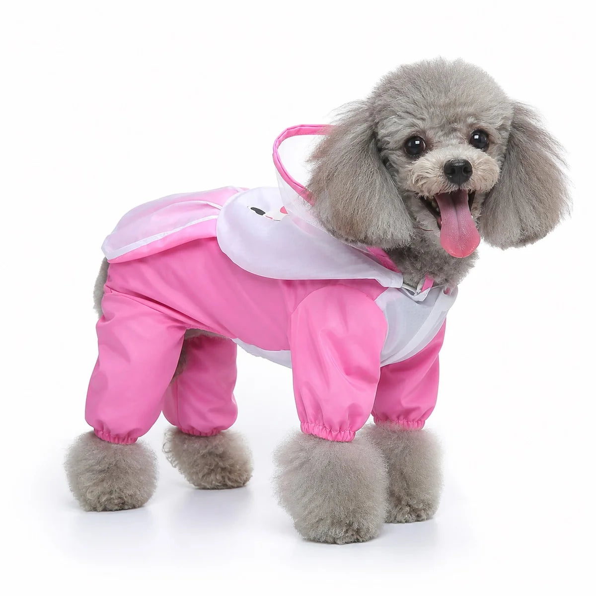 Pink rabbit print dog raincoat worn by a dog on a white background