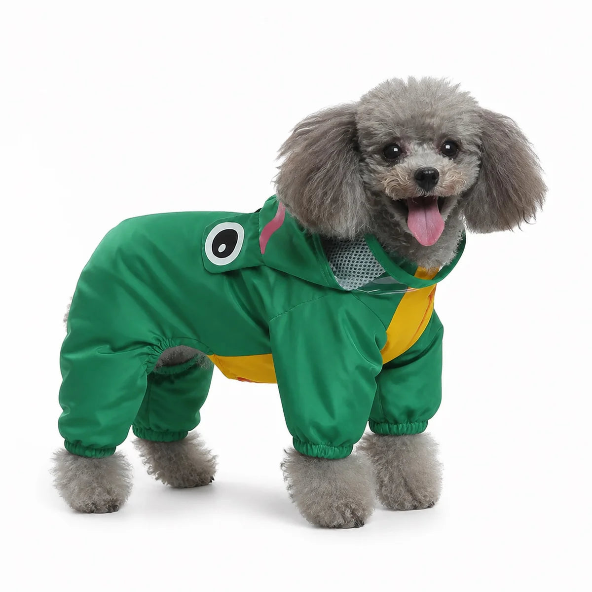 Green four-leg frog dog raincoat worn by a dog on a white background