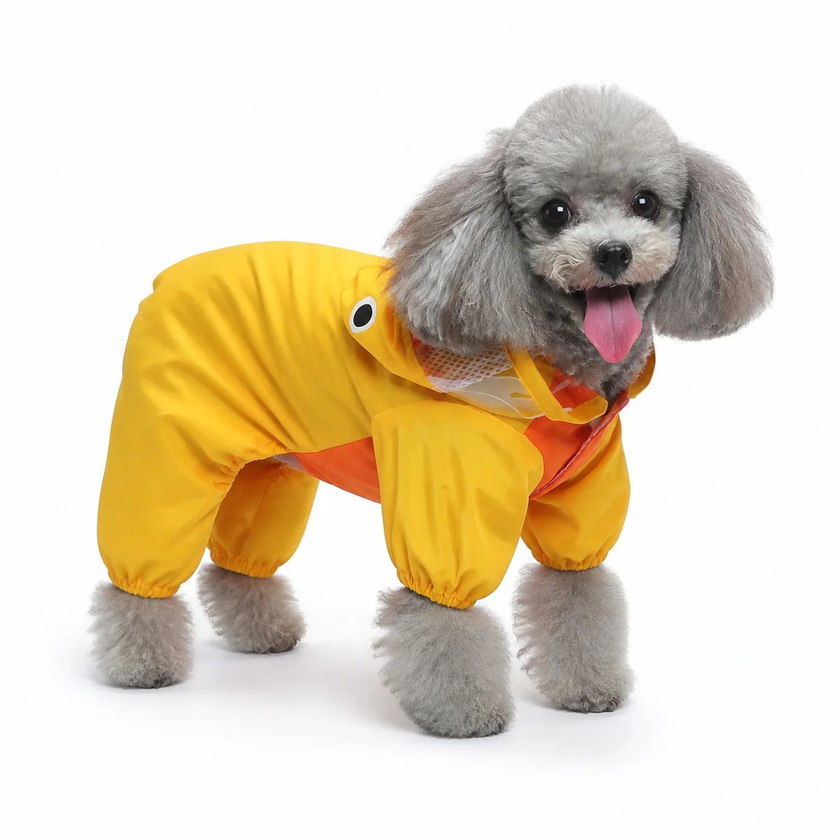 Yellow four-leg duck dog raincoat worn by a dog on a white background