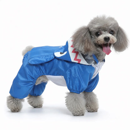Blue four-leg shark dog raincoat worn by a dog on a white background