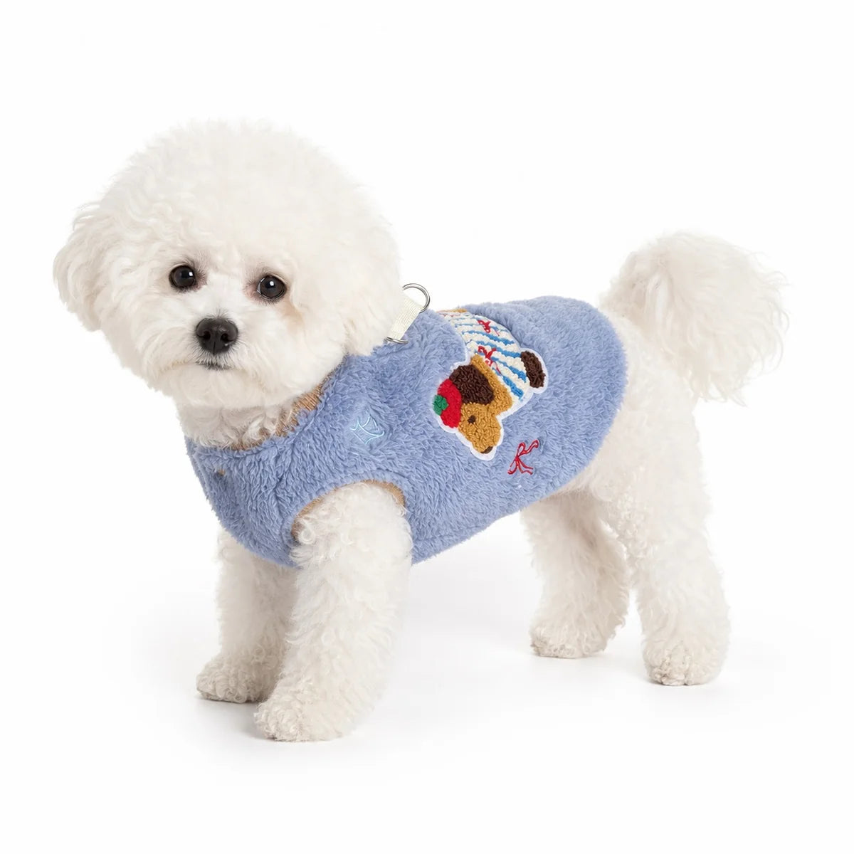 Blue fleece lined embroidered fleece dog vest worn by a pet on a white background