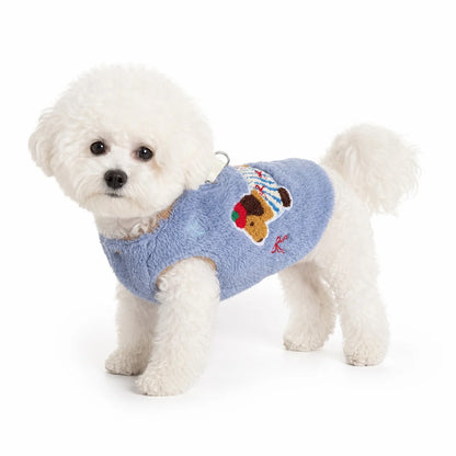 Blue fleece lined embroidered fleece dog vest worn by a pet on a white background