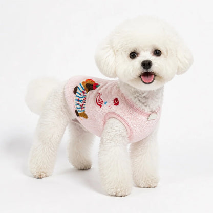 Pink fleece lined embroidered fleece dog vest worn by a pet on a white background