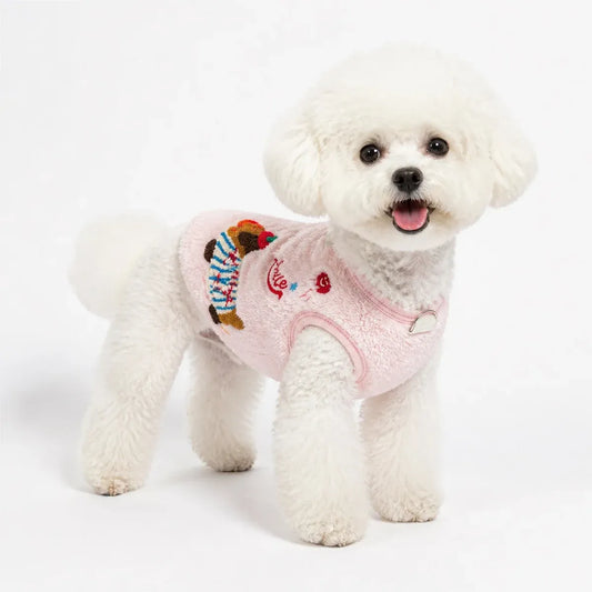 Pink fleece lined embroidered fleece dog vest worn by a pet on a white background