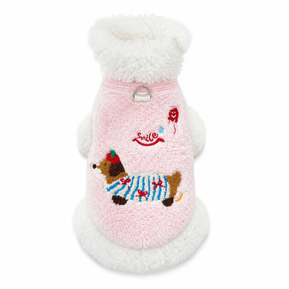 Pink fleece lined embroidered fleece dog vest shown alone on a white background