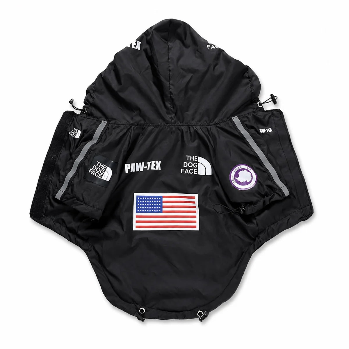 Black flag print large dog rain jacket shown alone on a white background