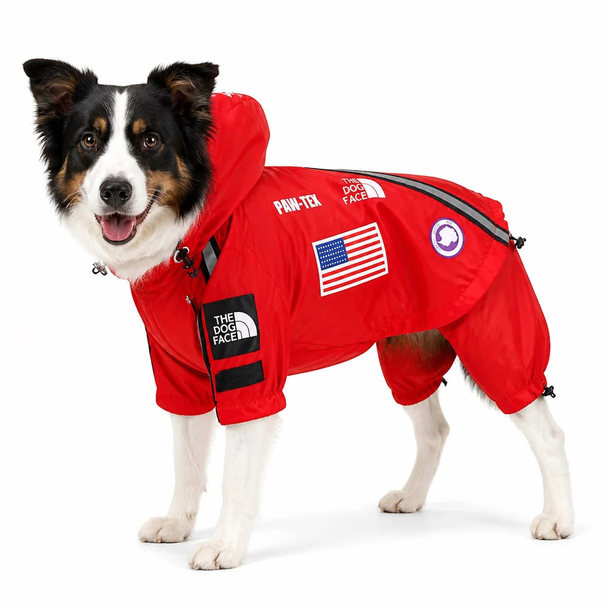 Red flag print large dog rain jacket worn by a pet on a white background