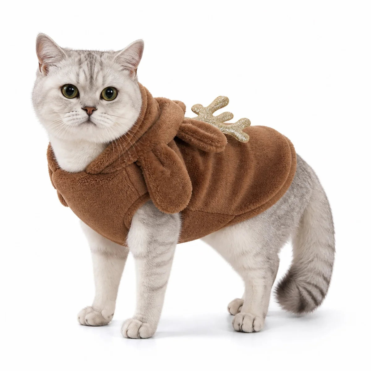 Brown christmas reindeer flannel pet costume collection worn by a pet on a white background, image 30