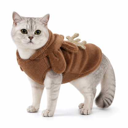 Brown christmas reindeer flannel pet costume collection worn by a pet on a white background, image 30