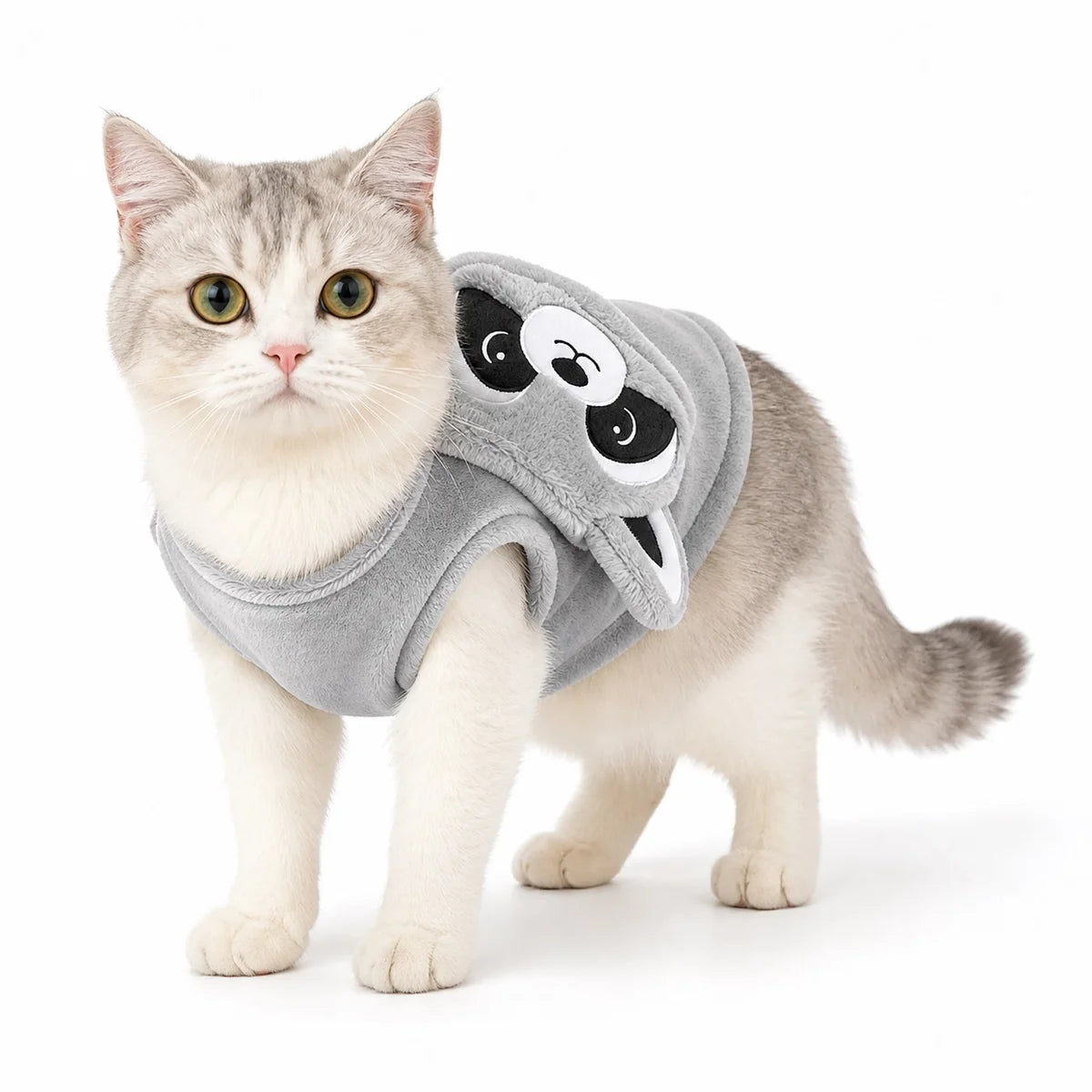 Brown raccoon costume flannel pet costume collection worn by a pet on a white background, image 39