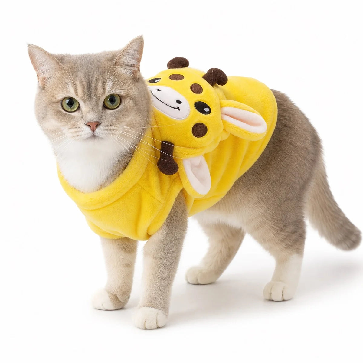 Brown giraffe costume flannel pet costume collection worn by a pet on a white background, image 43
