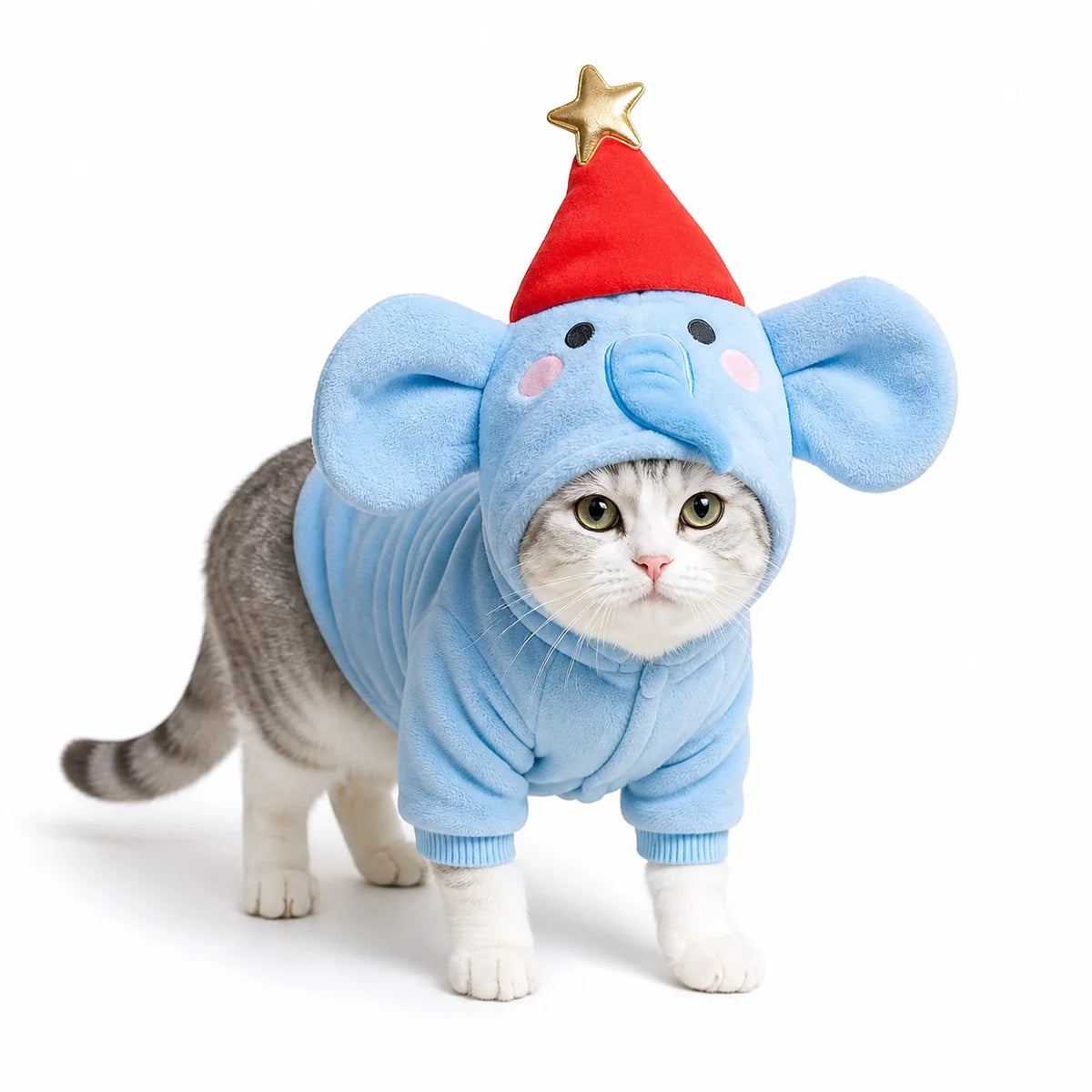 Gray elephant costume flannel pet costume collection worn by a pet on a white background, image 9