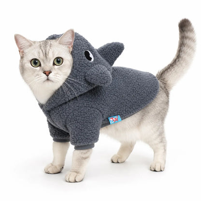 Gray shark sweatshirt flannel pet costume collection worn by a pet on a white background, image 25