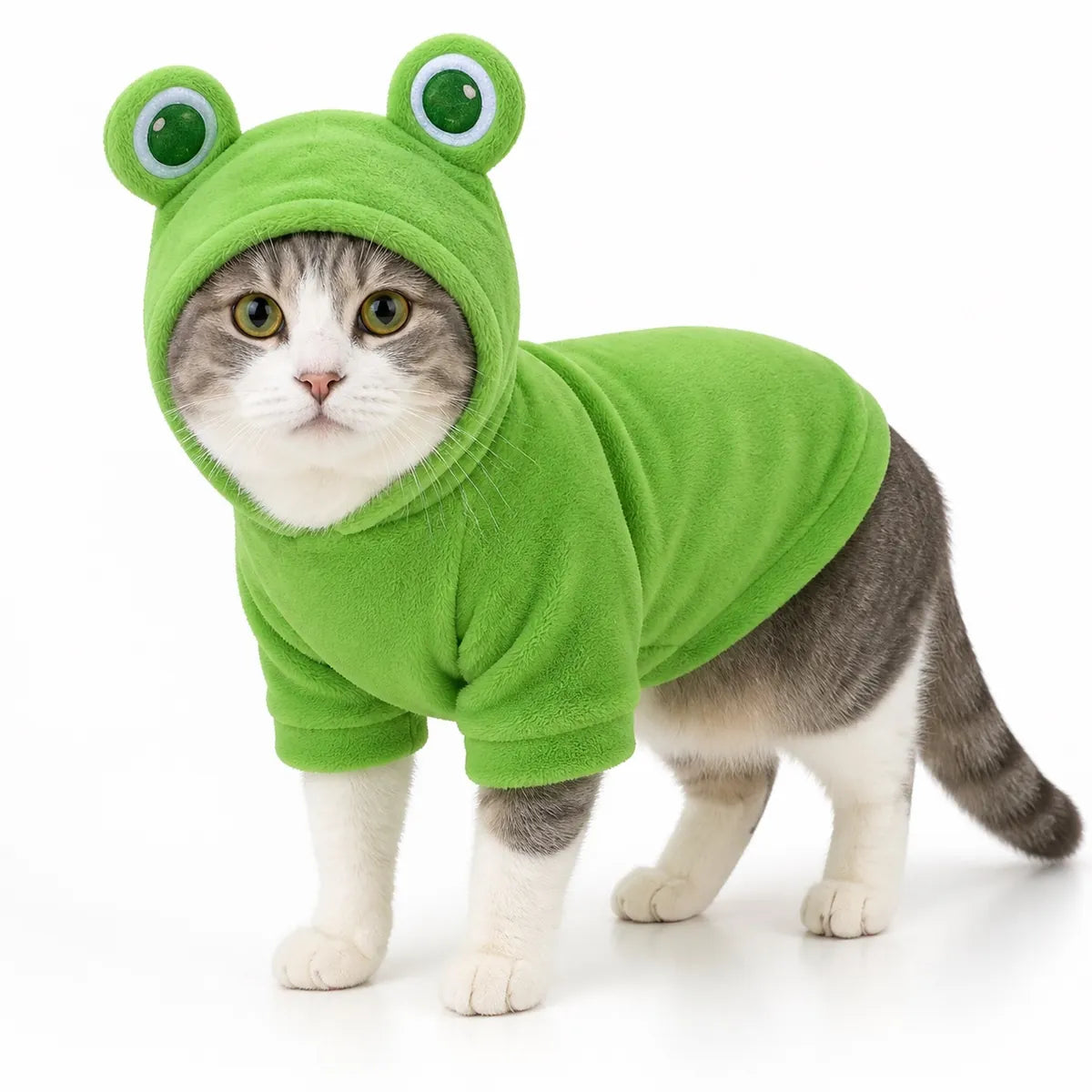 Green frog costume flannel pet costume collection worn by a pet on a white background, image 6
