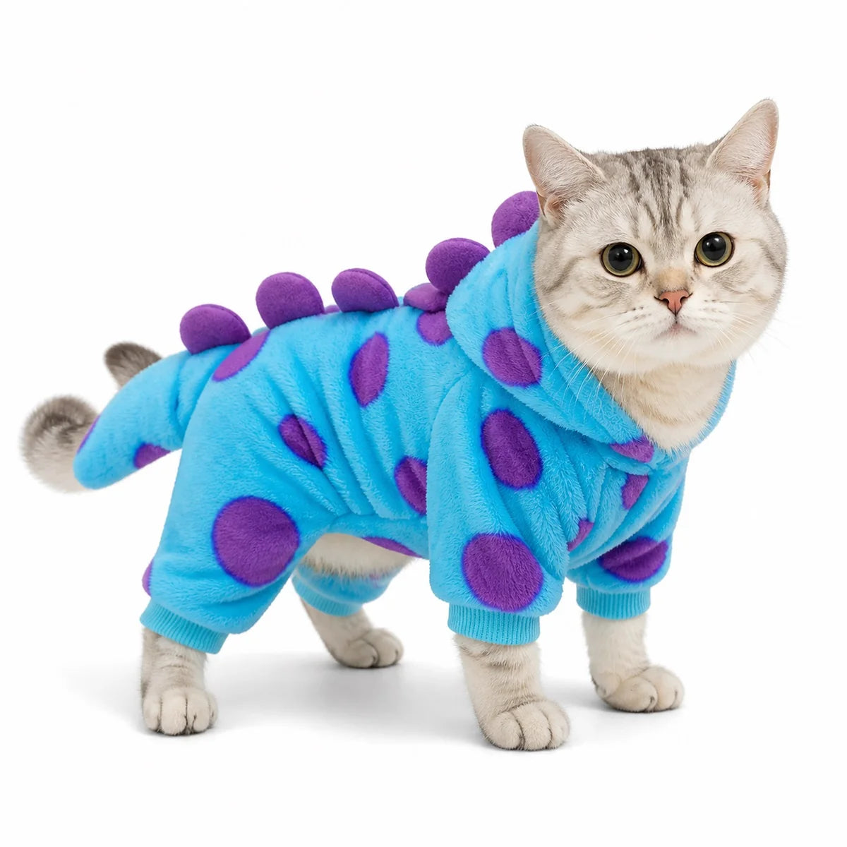 Green flower dinosaur flannel pet costume collection worn by a pet on a white background, image 10