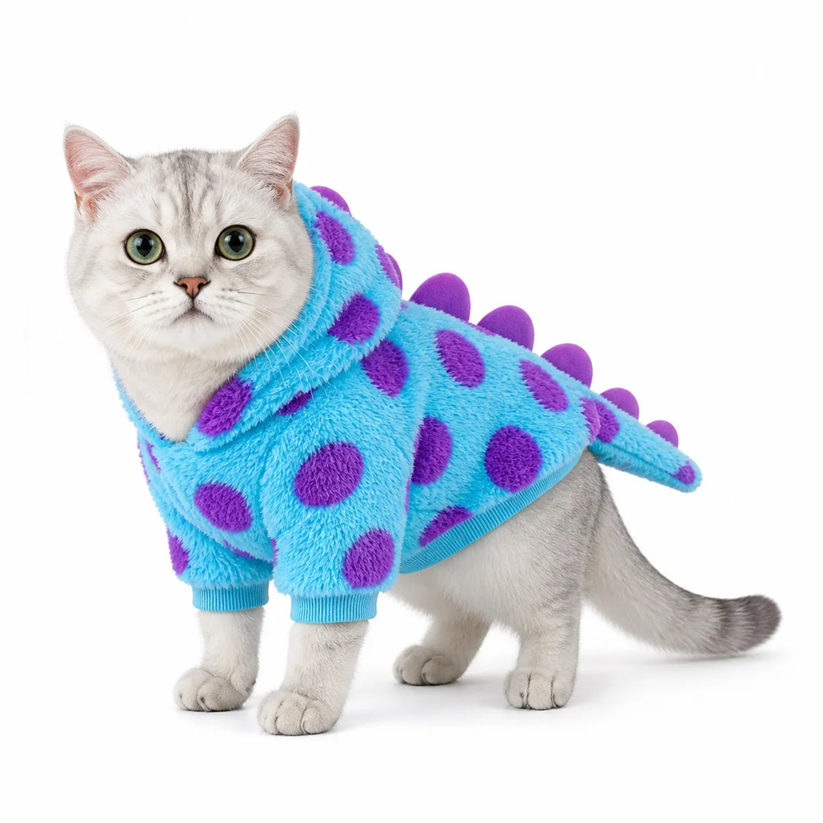 Green short flower dinosaur flannel pet costume collection worn by a pet on a white background, image 11