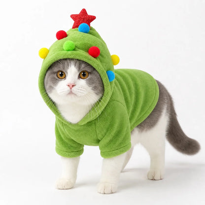 Green christmas tree flannel pet costume collection worn by a pet on a white background, image 28
