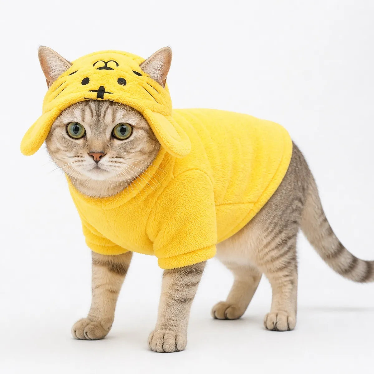 Orange tiger costume flannel pet costume collection worn by a pet on a white background, image 8