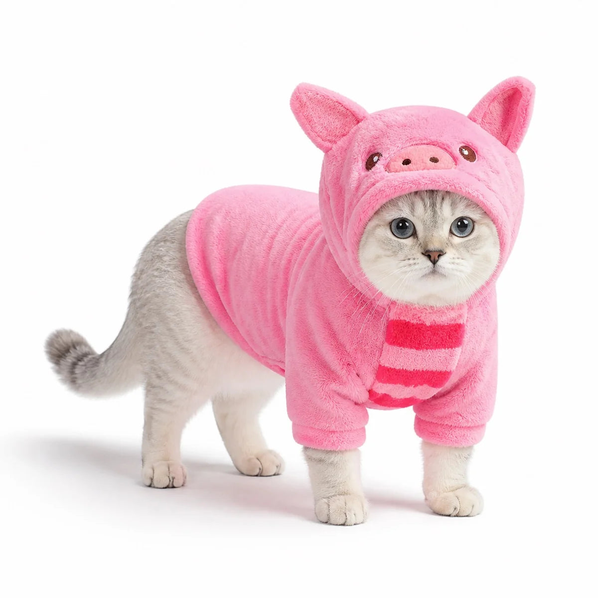 Pink pig costume flannel pet costume collection worn by a pet on a white background, image 4