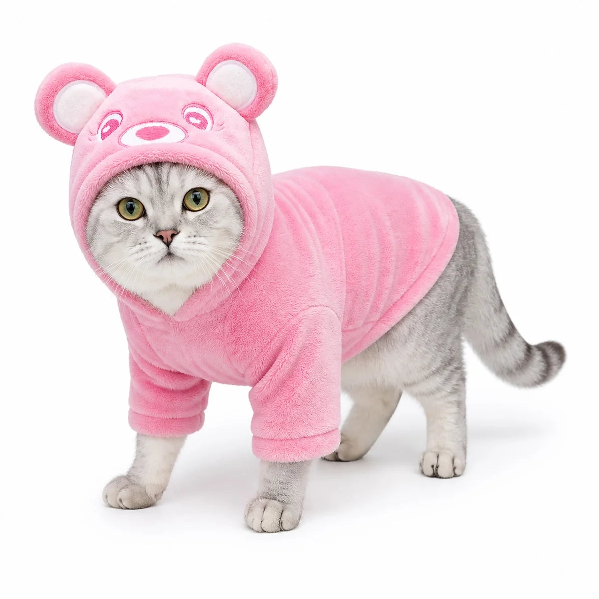 Pink rainbow bear flannel pet costume collection worn by a pet on a white background, image 12