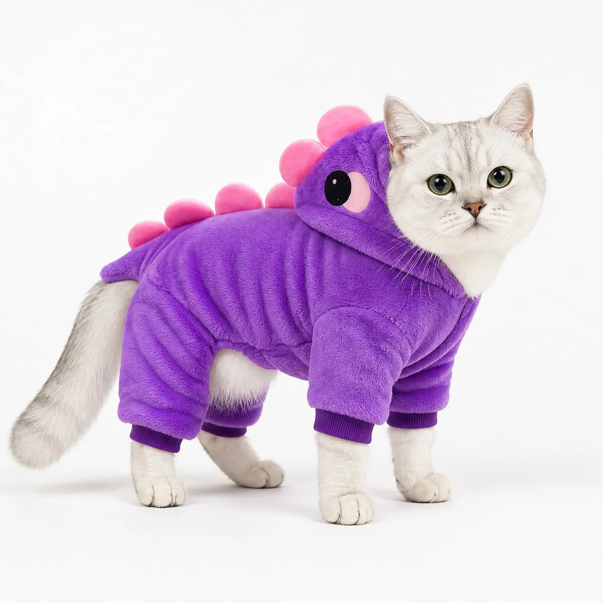 Pink pink purple dinosaur flannel pet costume collection worn by a pet on a white background, image 22