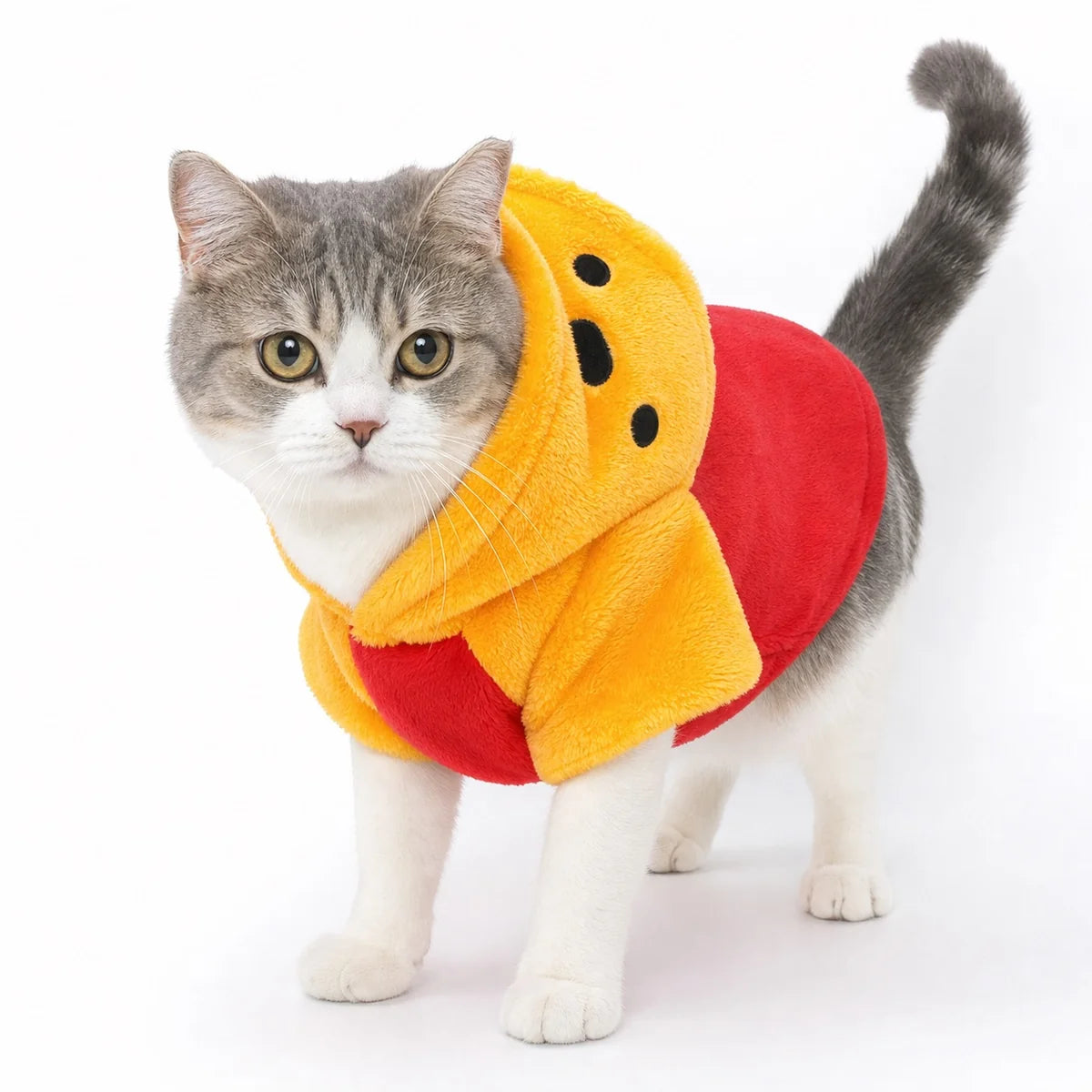 Red red yellow bear flannel pet costume collection worn by a pet on a white background, image 1