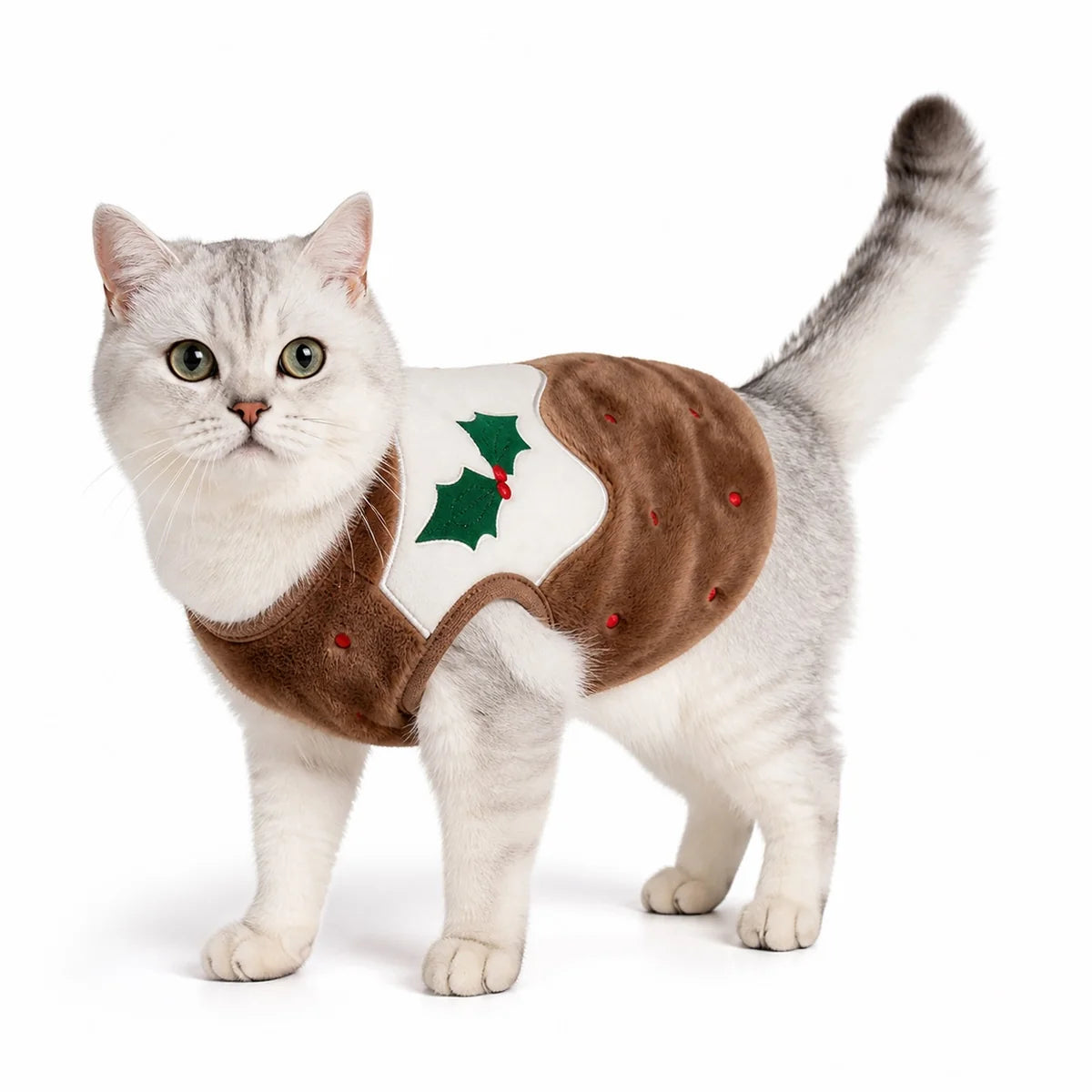 Red christmas pudding flannel pet costume collection worn by a pet on a white background, image 36