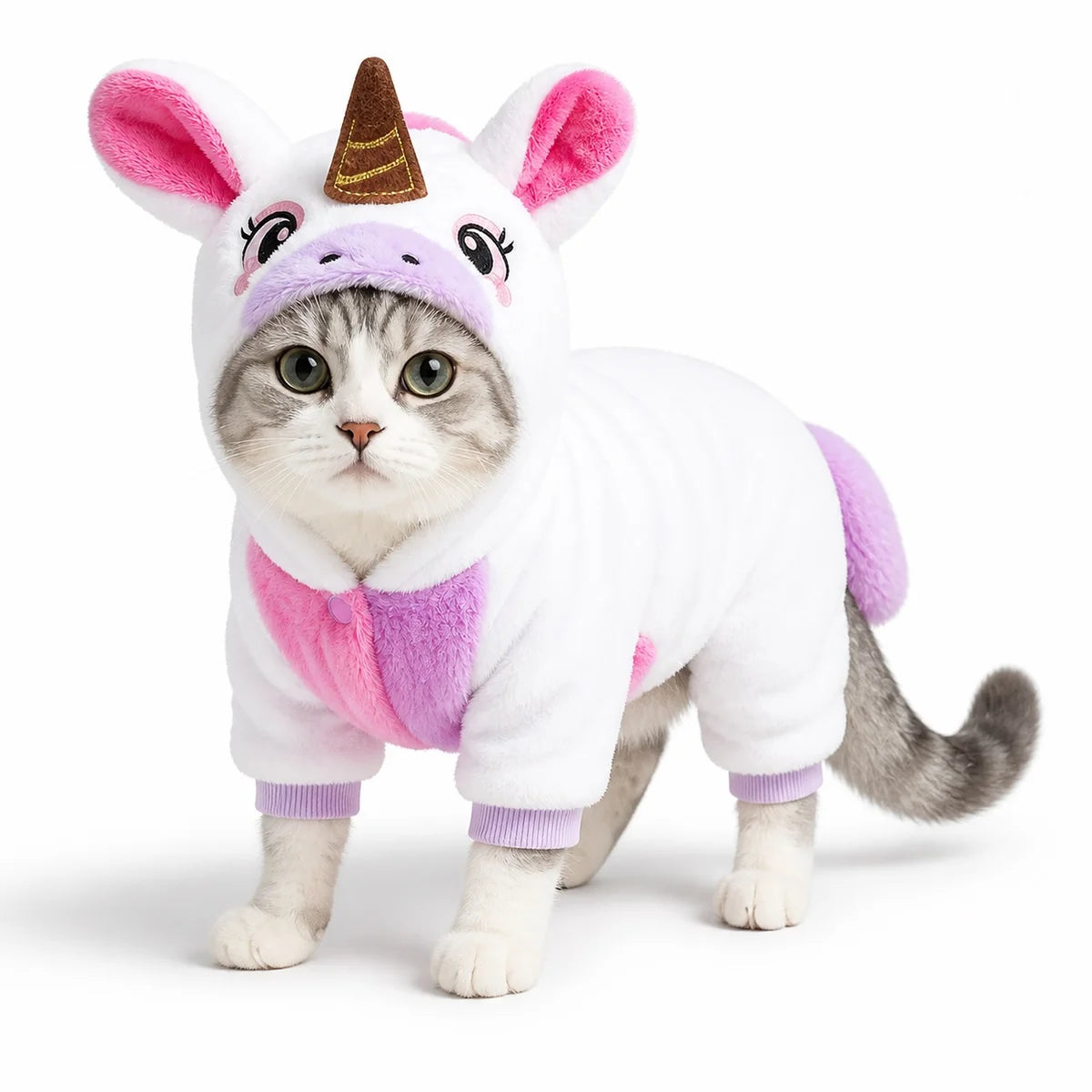 White rainbow unicorn flannel pet costume collection worn by a pet on a white background, image 19