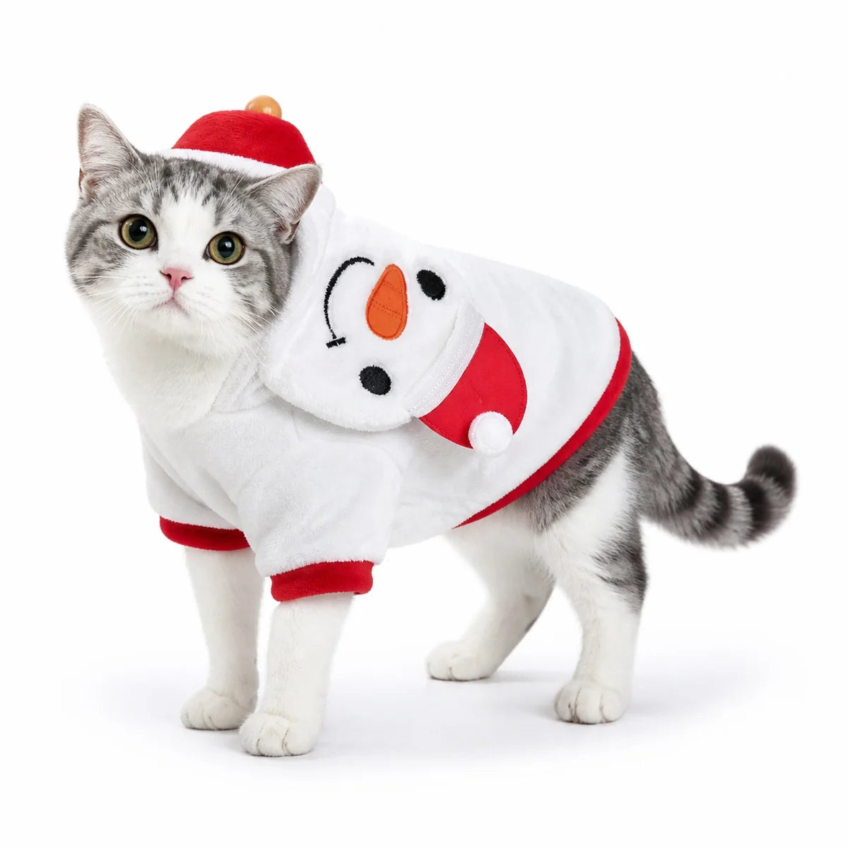 White christmas snowman flannel pet costume collection worn by a pet on a white background, image 29