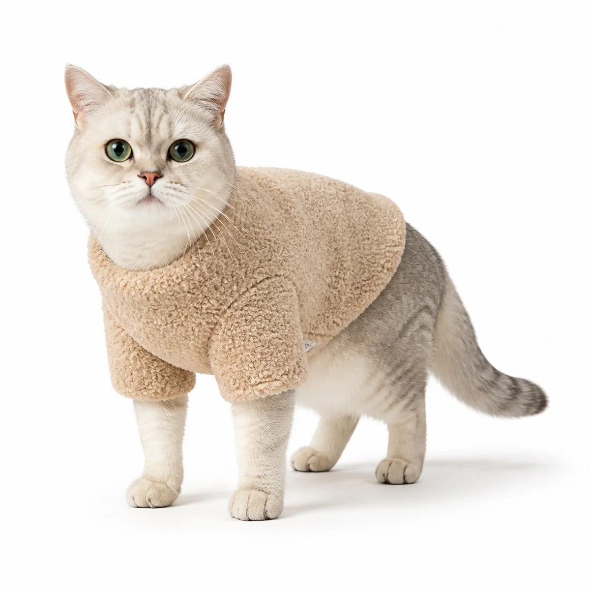 Khaki fleece lined fleece cat hoodie worn by a pet on a white background, image 1