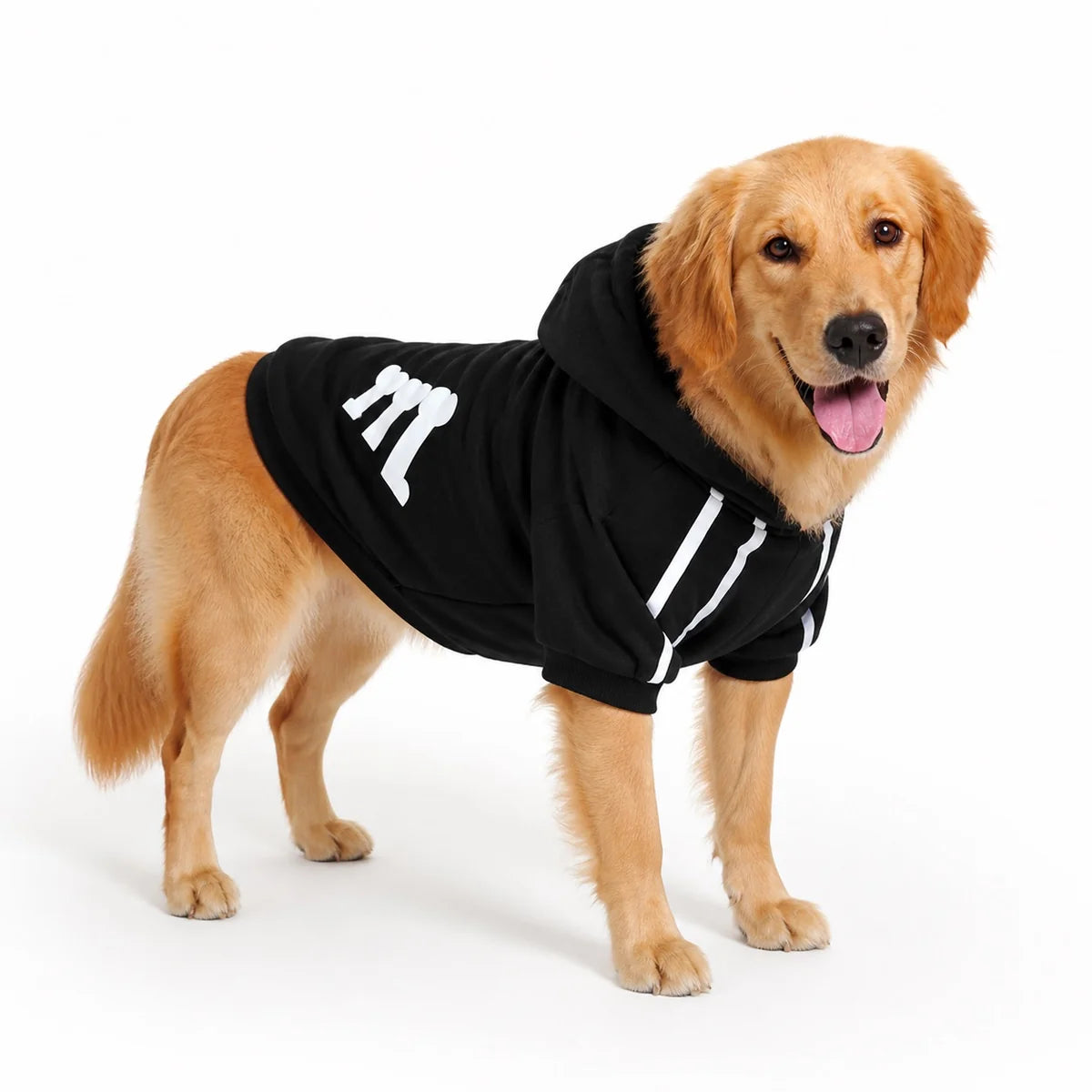Black a-di fleece fleece dog sweatshirt worn by a pet on a white background, image 3
