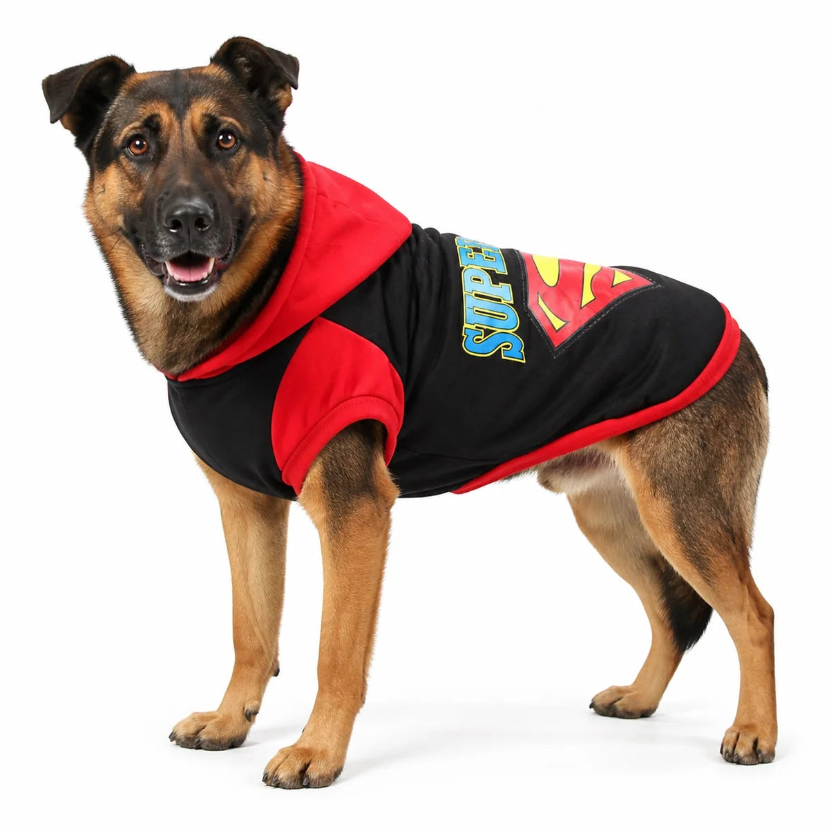 Black superhero hood fleece dog sweatshirt worn by a pet on a white background, image 8