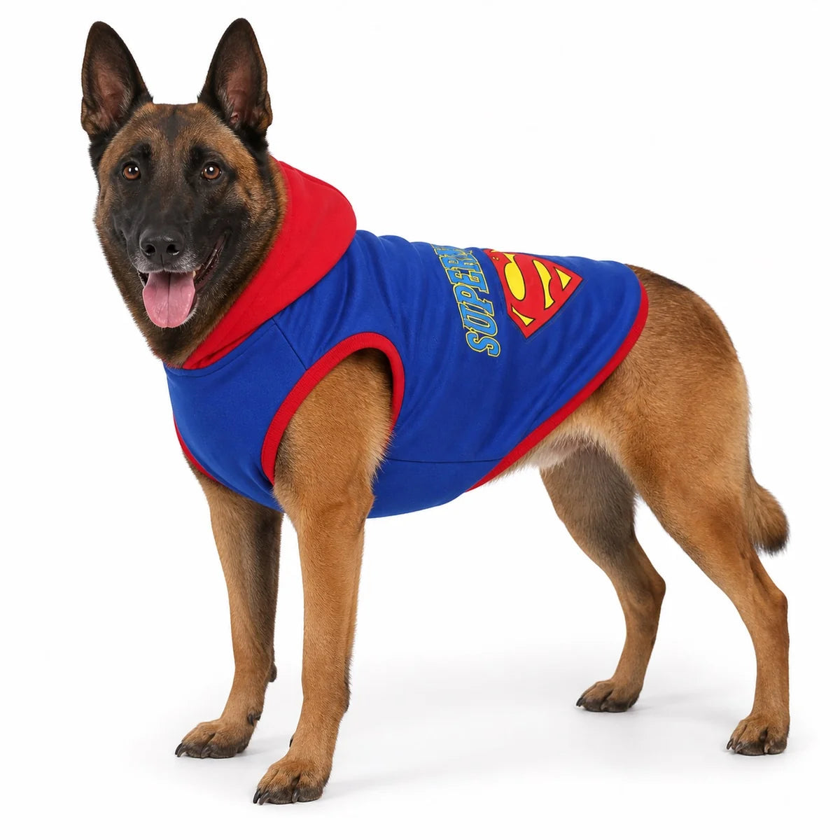 Blue superhero hood fleece dog sweatshirt worn by a pet on a white background, image 9