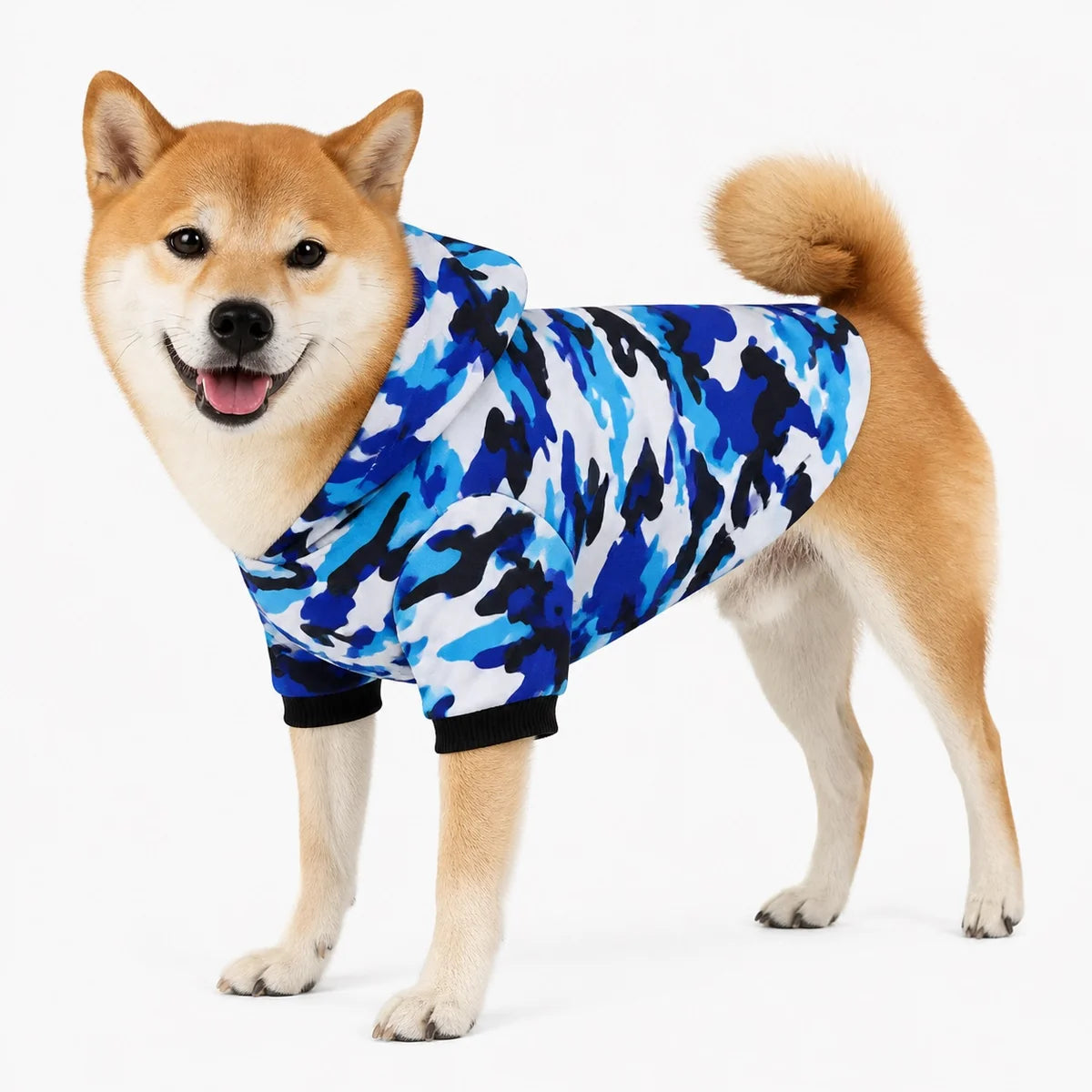 Blue camouflage fleece fleece dog sweatshirt worn by a pet on a white background, image 13