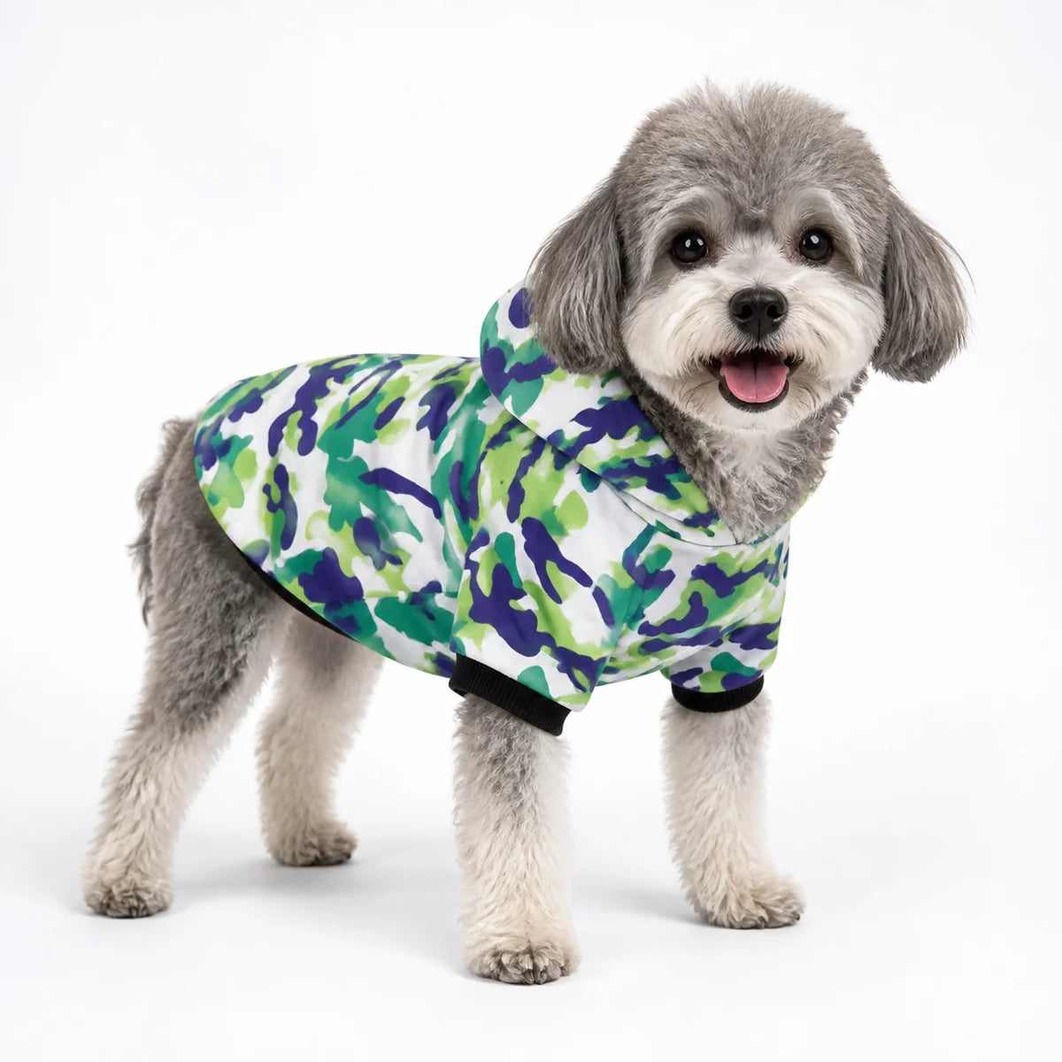 Green camouflage fleece fleece dog sweatshirt worn by a pet on a white background, image 12