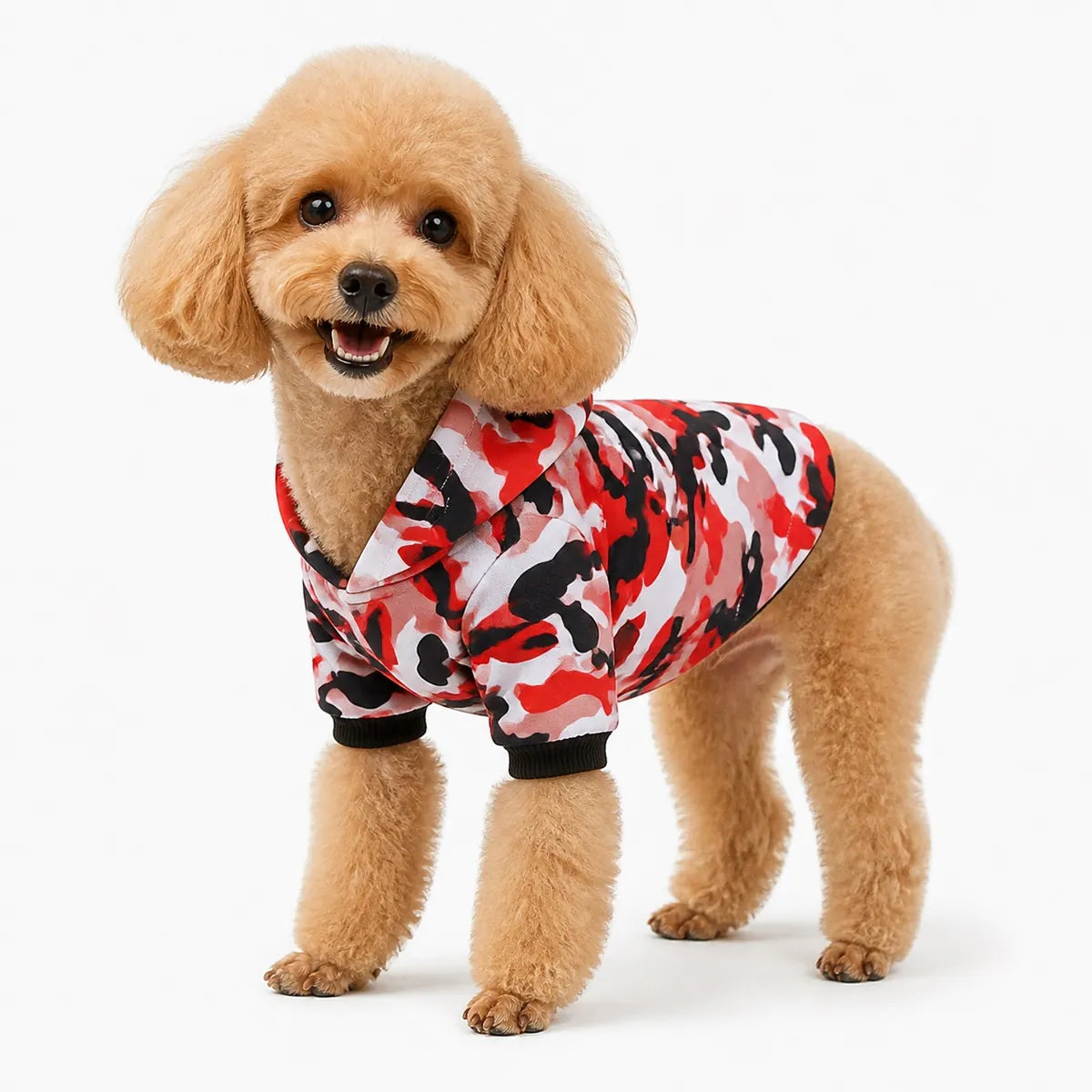 Red camouflage fleece fleece dog sweatshirt worn by a pet on a white background, image 11