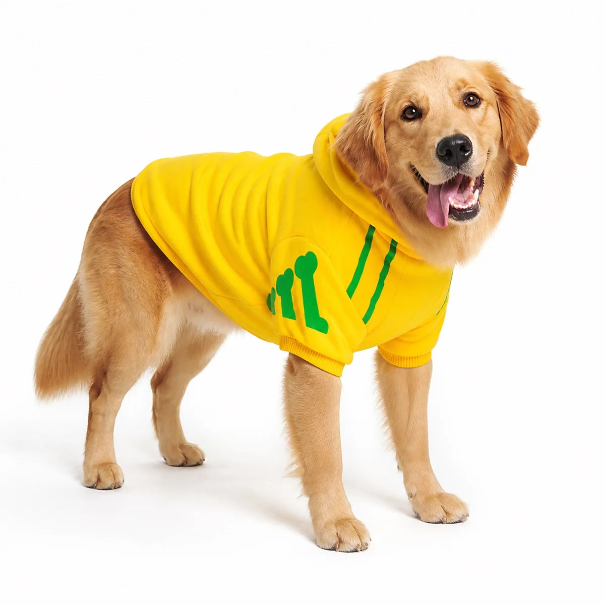 Yellow a-di fleece fleece dog sweatshirt worn by a pet on a white background, image 5