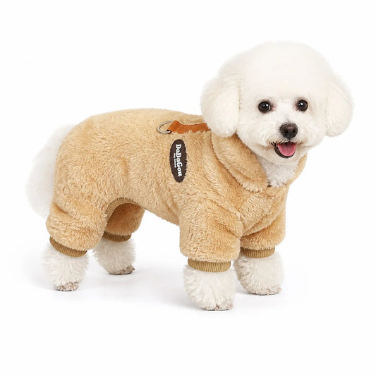 dog wearing a Brown fleece four-leg dog suit with leash ring