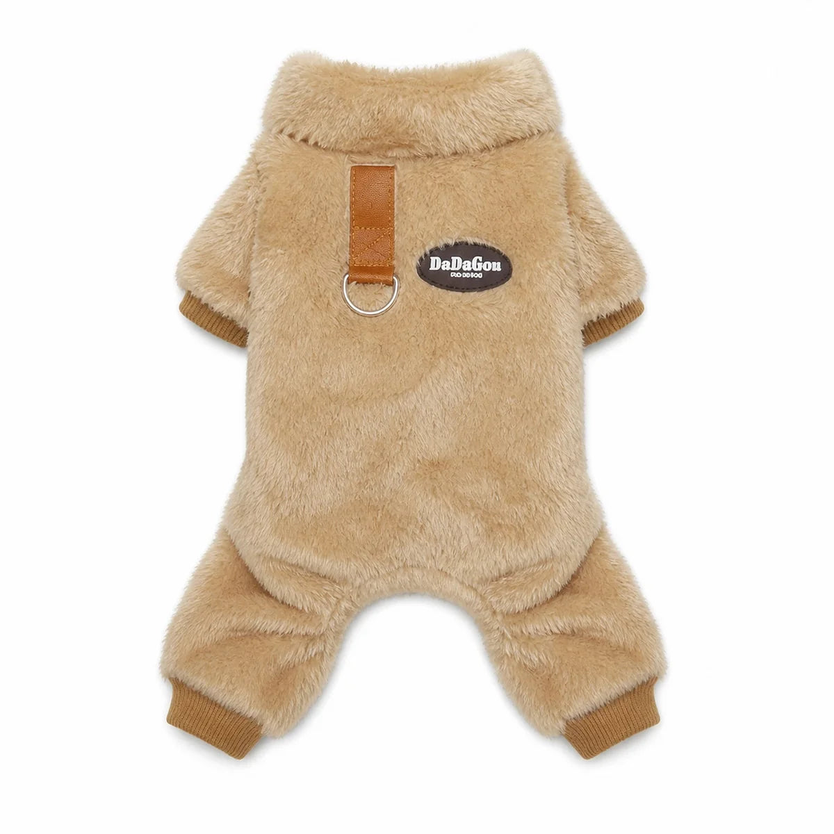 Brown fleece four-leg dog suit with leash ring shown alone on a white background