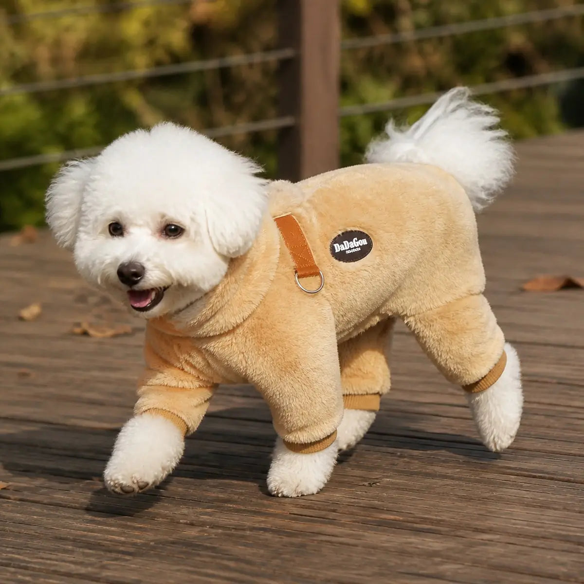 Brown fleece four-leg dog suit with leash ring lifestyle view