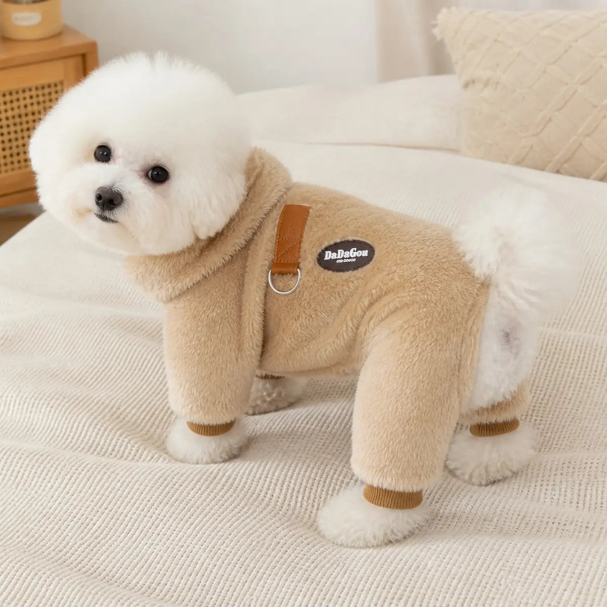 Brown fleece four-leg dog suit with leash ring feature view