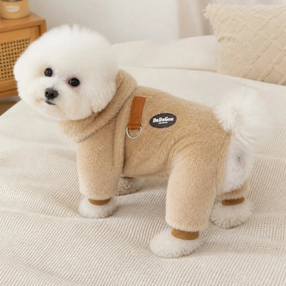 Brown fleece four-leg dog suit with leash ring feature view