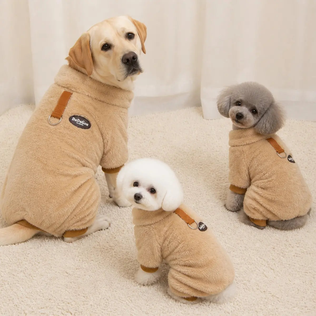 fleece four-leg dog suit with leash ring multi-breed showcase
