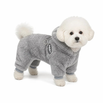 dog wearing a Gray fleece four-leg dog suit with leash ring