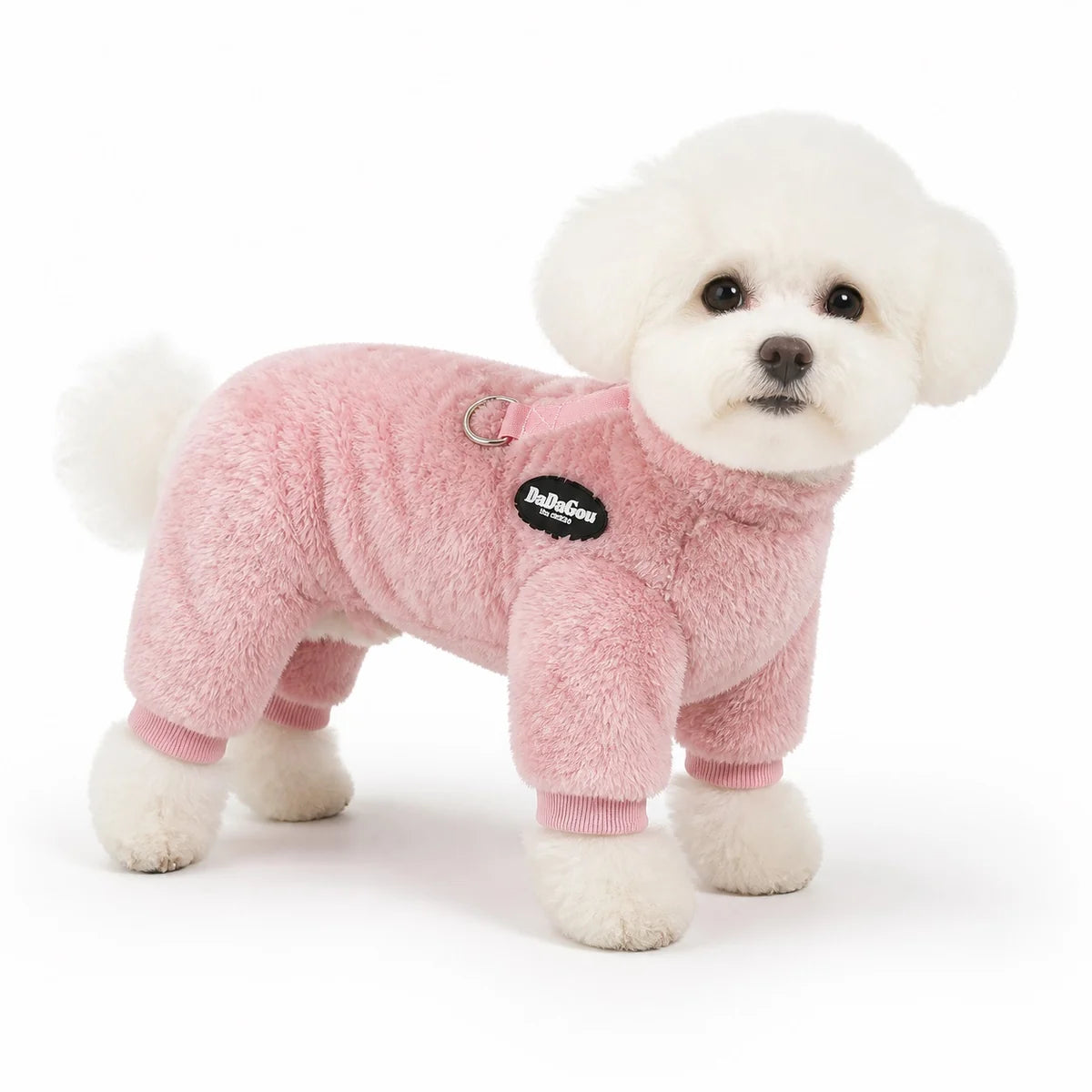 dog wearing a Pink fleece four-leg dog suit with leash ring