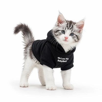 Black fleece lined fleece-lined cat hoodie worn by a pet on a white background