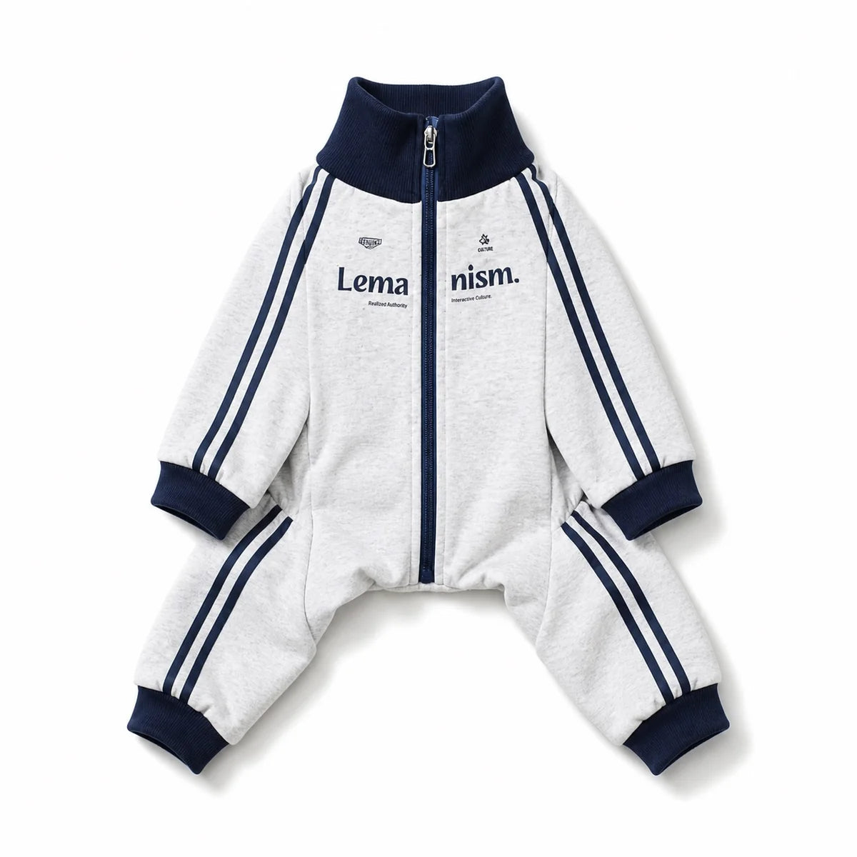 White four-leg dog coat with navy trim shown on a white background
