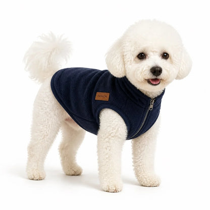 dog wearing a Navy fleece zip-up dog vest