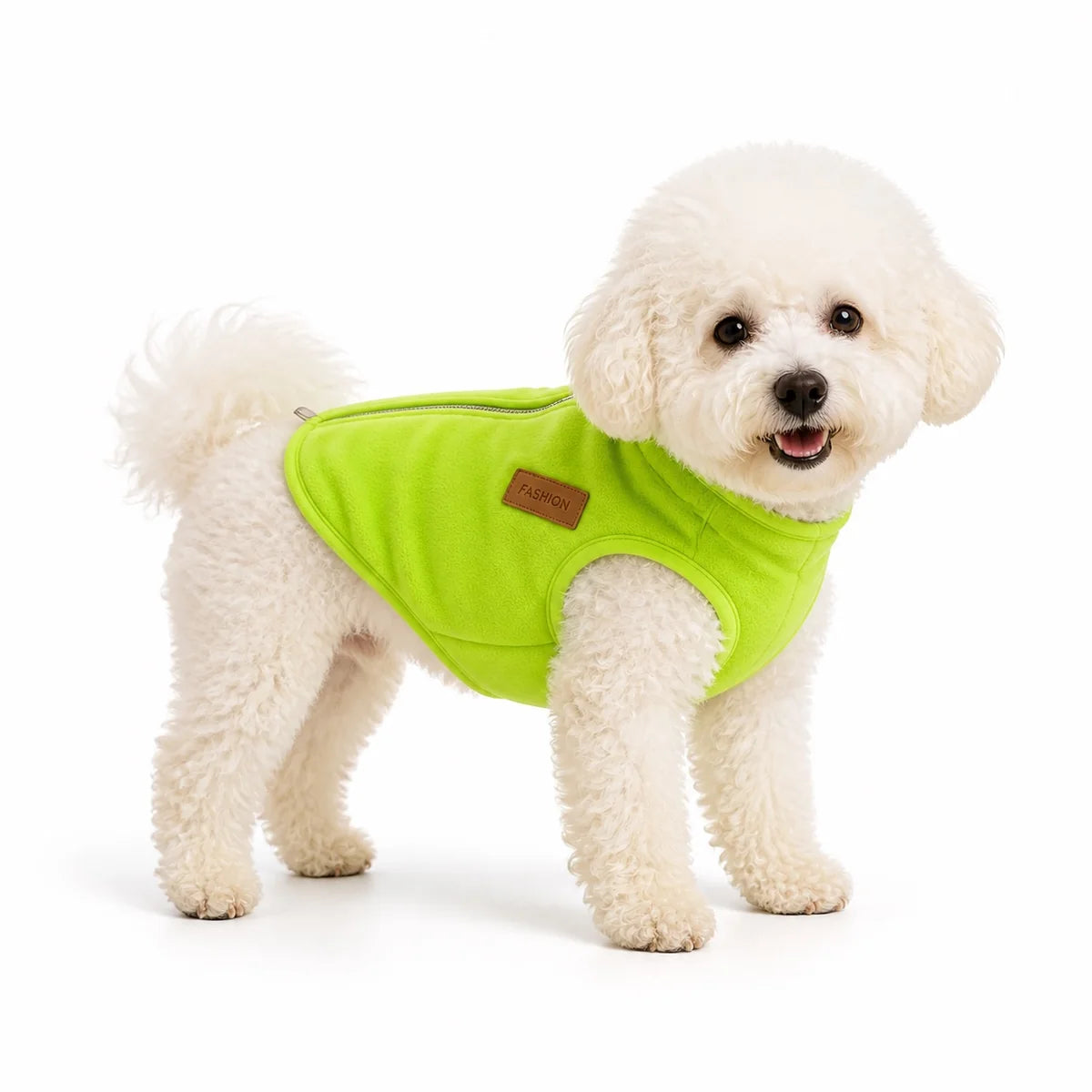 dog wearing a Neon Yellow fleece zip-up dog vest